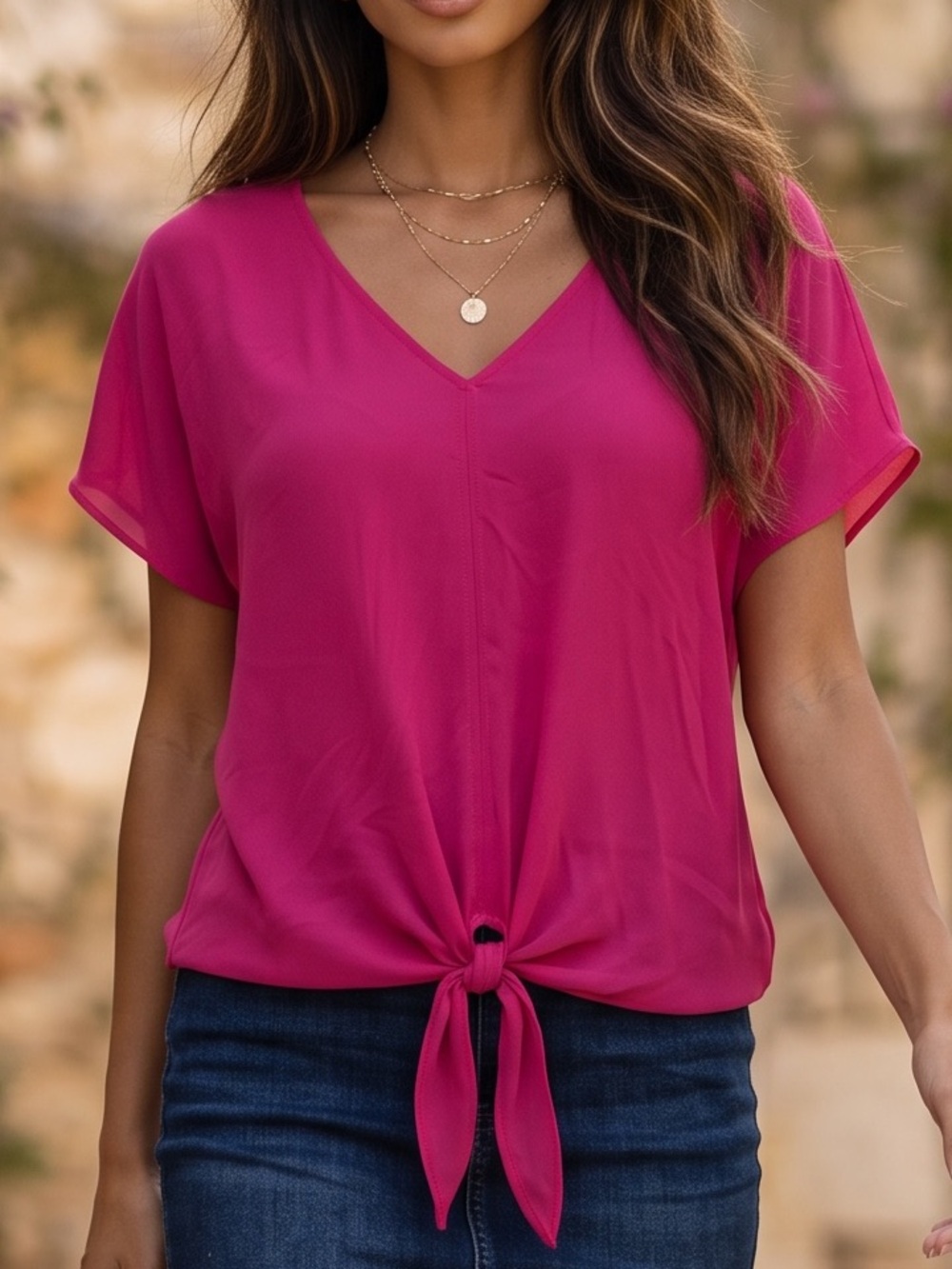 INC International Concepts Hot Pink V-Neck Tie-Hem Blouse